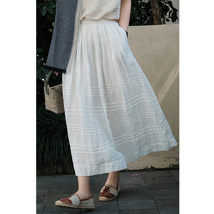 Chân váy linen retro kiểu xếp ly lưng thun một màu - NU9040