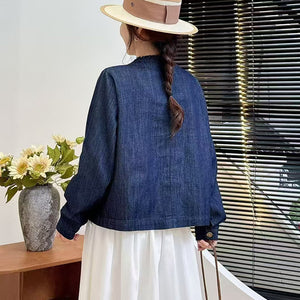 Áo sơ mi denim dài tay cổ tròn thêu hoa lá đối xứng - A650