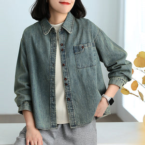 Áo sơ mi denim dài tay cổ đức một túi vuông - A590