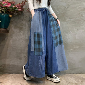 Quần baggy denim lưng thun ống rộng phối caro - NU9760