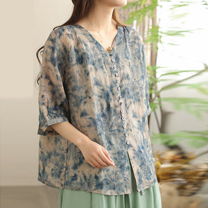 Áo sơ mi linen ngắn tay cổ V in màu nước một túi - NU10245