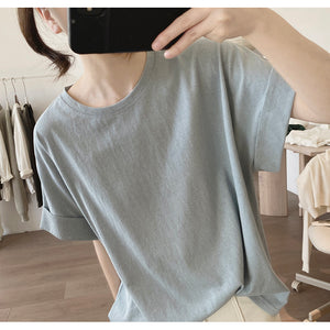 Áo T-shirt ngắn tay gấp cao cổ tròn đơn sắc - NU10496