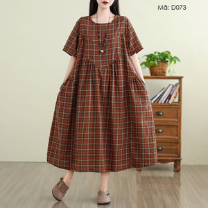 Đầm liền linen ngắn tay cổ tròn hoa văn trừu tượng - D072