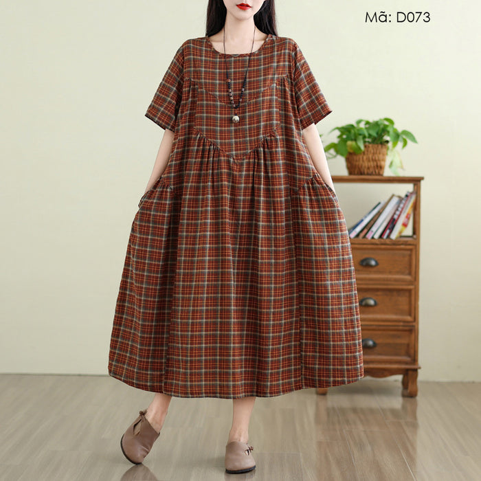 Đầm liền linen ngắn tay cổ tròn hoa văn trừu tượng - D072