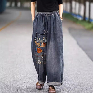 Quần baggy denim lưng thun thêu chú mèo và cá - Q091