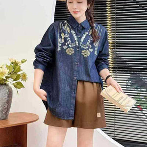 Áo sơ mi denim dài tay cổ đức thêu hoa lá đối xứng - A649