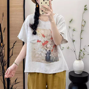 Áo T-shirt linen ngắn tay cổ tròn in tĩnh vật một túi - NU10483