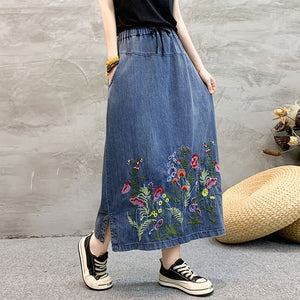 Chân váy denim lưng thun dây rút thêu hoa lá sắc màu - NU10492