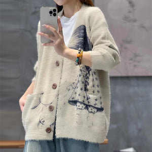 Áo khoác len cashmere dài tay cổ V in cô gái và chú thỏ - NU9279