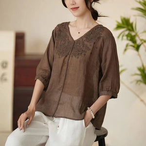 Áo sơ mi linen ngắn tay cổ V bo ren thêu hoa lá - NU10484