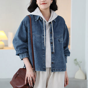 Áo khoác denim dài tau cổ đức một túi ngang nhỏ - A057