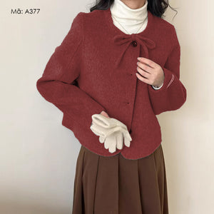 Áo khoác len cashmere dài tay cổ tròn thắt dây - A375