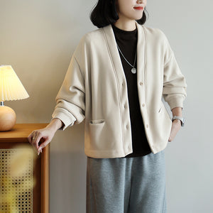 Áo khoác nhung cardigan dài tay cổ V hai túi - A403