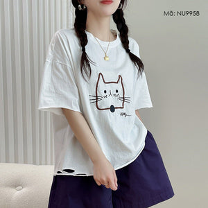 Áo T-shirt ngắn tay mặt mèo cổ tròn - NU9956