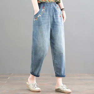 Quần baggy denim lưng thun thêu chùm dâu - Q034