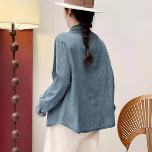 Áo sơ mi denim dài tay cổ đức thêu retro - A049