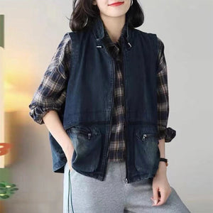 Áo khoác gile denim sát nách cổ đứng hai túi khóa kéo - NU9182