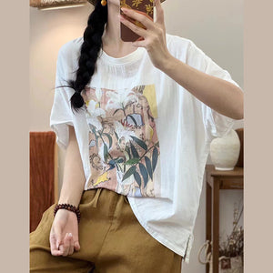 Áo T-shirt linen ngắn tay cổ tròn in hoa bách hợp - NU10216
