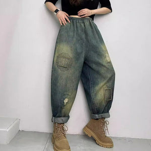 Quần baggy denim lưng thun chắp vá thêu đan - Q054