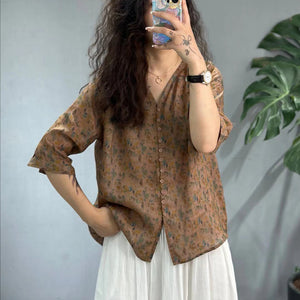 Áo sơ mi linen ngắn tay cổ V in retro nhiều khuy - NU10348