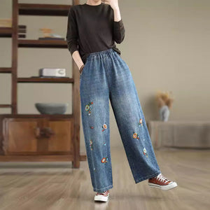 Quần baggy denim lưng thun ống đứng thêu những bông hoa màu - Q095