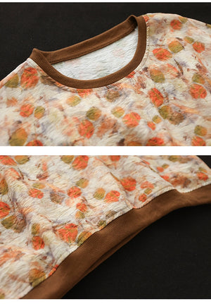 Áo T-shirt linen ngắn tay cổ màu in hoa lá - NU9964