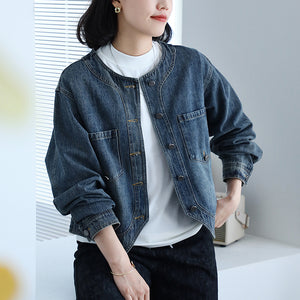 Áo khoác denim dài tay cổ tròn vạt chéo - A069