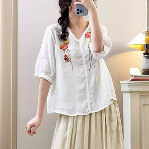 Áo sơ mi linen ngắn tay cổ V thêu hoa đối xứng trước ngực - NU10278