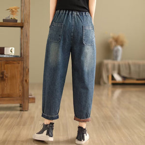 Quần baggy denim lưng thun ống côn thêu hoa trừu tượng - NU10349