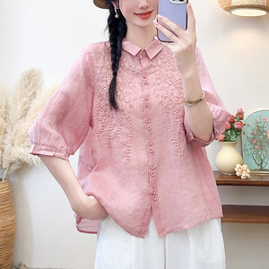 Áo sơ mi linen ngắn tay cổ đức thêu hoa lá khuy đôi - NU10462