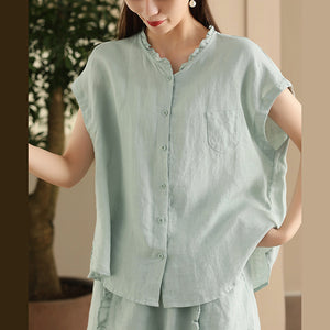 Áo sơ mi linen sát nách cổ tròn xếp ly một túi nhỏ - A041