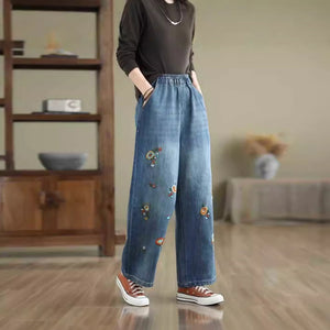 Quần baggy denim lưng thun ống đứng thêu những bông hoa màu - Q095