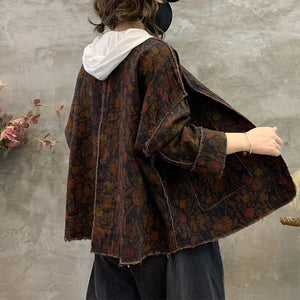 Áo khoác linen dài tay cổ V hai túi vuông in hoa retro - NU9288