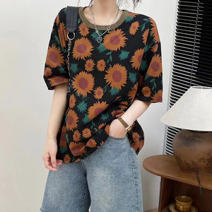 Áo T-shirt ngắn tay cổ tròn phối màu in hoa hướng dương - NU10345