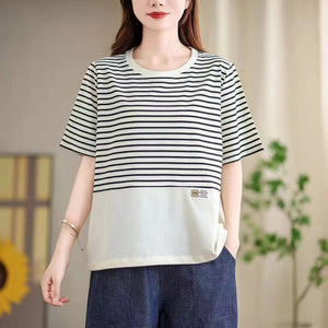 Áo T-shirt ngắn tay cổ tròn kẻ sọc dây rút - NU10493