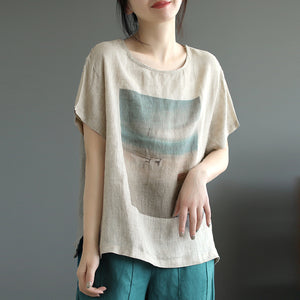 Áo T-shirt linen ngắn tay cổ tròn in phong cảnh - NU8770