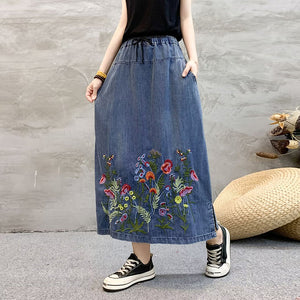 Chân váy denim lưng thun dây rút thêu hoa lá sắc màu - NU10492