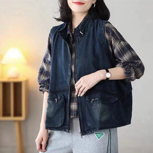 Áo khoác gile denim sát nách cổ đứng hai túi khóa kéo - NU9182