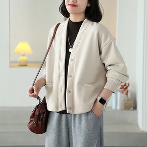 Áo khoác nhung cardigan dài tay cổ V hai túi - A403