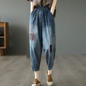 Quần baggy denim lưng thun ống côn thêu hoa văn trừu tượng - NU8679