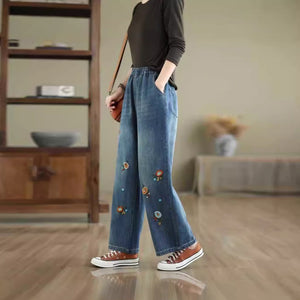 Quần baggy denim lưng thun ống đứng thêu những bông hoa màu - Q095