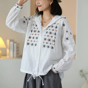 Áo khoác cardigan dài tay có mũ thêu hoa văn retro - A154