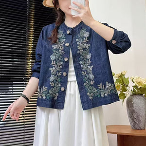 Áo sơ mi denim dài tay cổ tròn thêu hoa lá đối xứng - A650