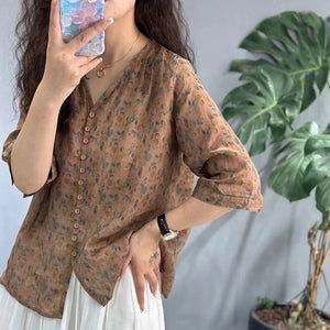 Áo sơ mi linen ngắn tay cổ V in retro nhiều khuy - NU10348