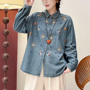 Áo sơ mi denim dài tay cổ đức thêu retro - A049