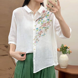 Áo sơ mi linen ngắn tay cổ đức in nhành đào - NU10495