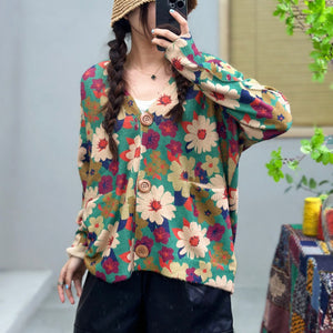 Áo len cardigan dài tay cổ V in hoa sắc màu - A507