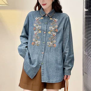 Áo sơ mi denim dài tay thêu hoa lá đối xứng - A048