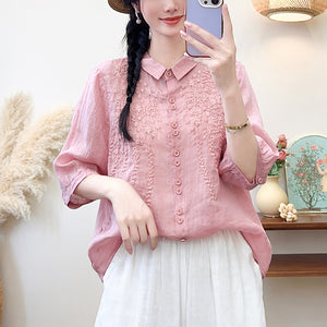 Áo sơ mi linen ngắn tay cổ đức thêu hoa lá khuy đôi - NU10462