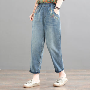 Quần baggy denim lưng thun thêu chùm dâu - Q034